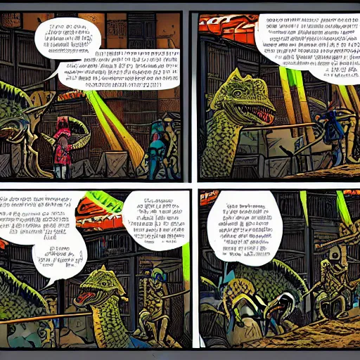 Image similar to intricate detailed comic panel illustration of cyborg punk street kids with a pet dinosaur in a warehouse rave, no speech bubbles, dystopian, cyberpunk, full-color