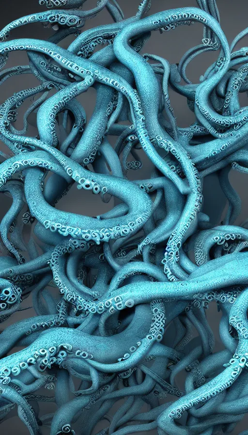 Prompt: masses of tentacles rising from a cerulean sea, very beautiful horror, highly detailed, metallic textures, hyper realism, cinema4d render, volumetric soft lighting, 8k