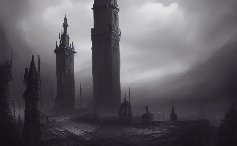 Prompt: extreme long shot concept art depicted a big red tower in a grey old austrian enchanted town, dramatic mood, overcast mood, dark fantasy environment, arcane, trending on artstation, unreal engine, golden ratio, spectacular composition, realistic architecture