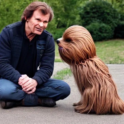 Prompt: han solo teaching chewbacca to sit at a dog training class in a park