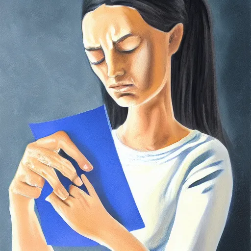 Prompt: portrait of a expressionless woman holding a note on her hand while tears flow, realistic painting