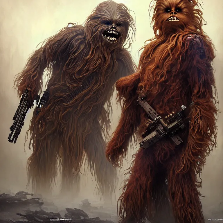 Prompt: scary horrific zombie chewbacca and wookies on the planet kashyyyk, dark star wars fantasy, body horror, sores and scars, undead. highly detailed, biopunk, digital painting, by greg rutkowski, artgerm and alphonse mucha