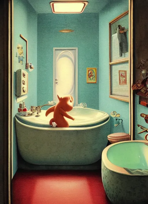 Image similar to highly detailed wide - angle portrait of a retro 1 9 6 0 s bathroom, nicoletta ceccoli, mark ryden, lostfish, earl nore, hyung tae, frank frazetta, global illumination, god rays, detailed and intricate environment