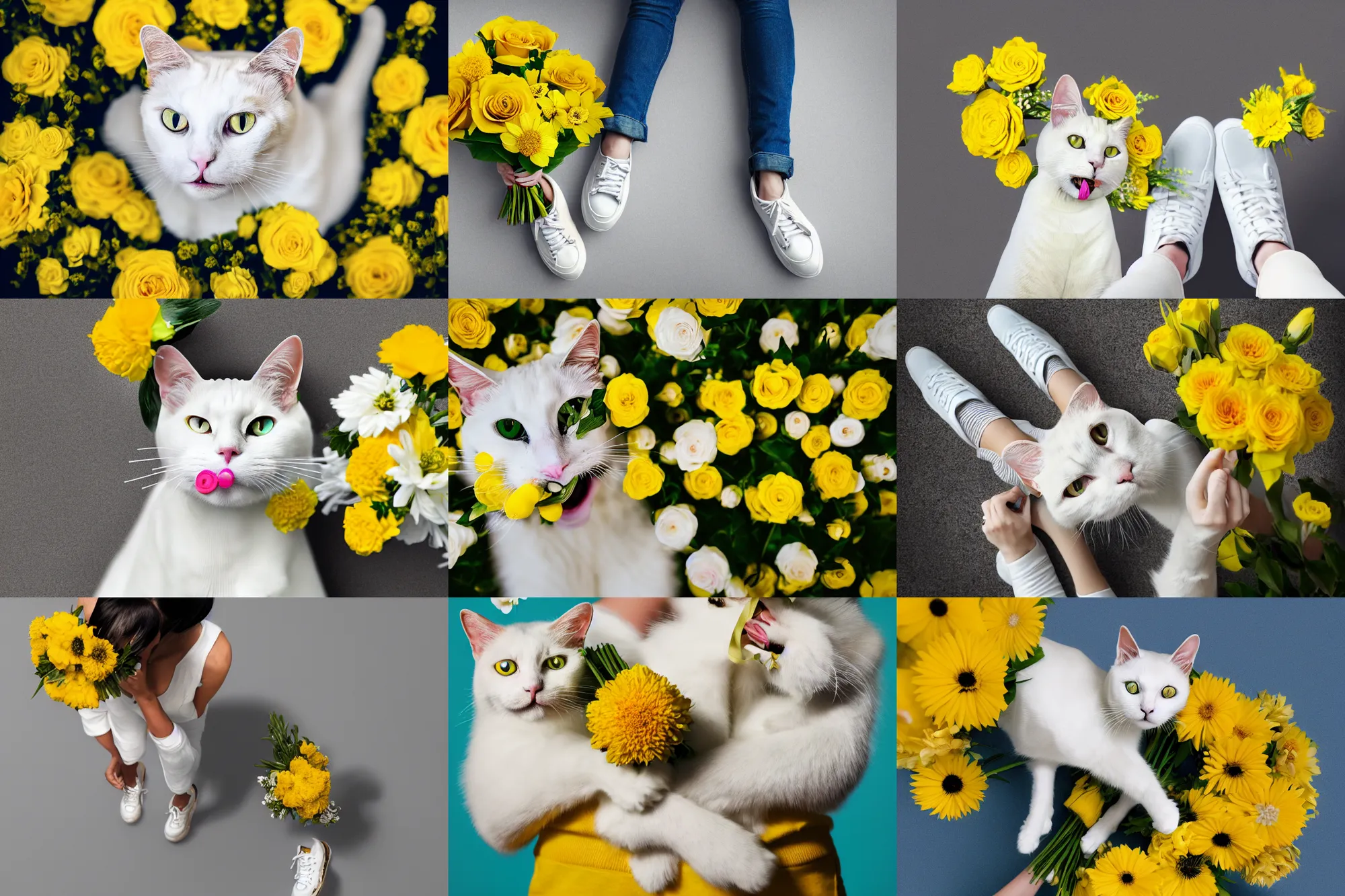 Image similar to pov shot photography of yellow - patterned white cat, held flowers bouquet in her mouth, under my feet, person wearing jeans and sneakers, large happy eyes, symmetry, face symmetry, octane render, photorealistic, 8 k