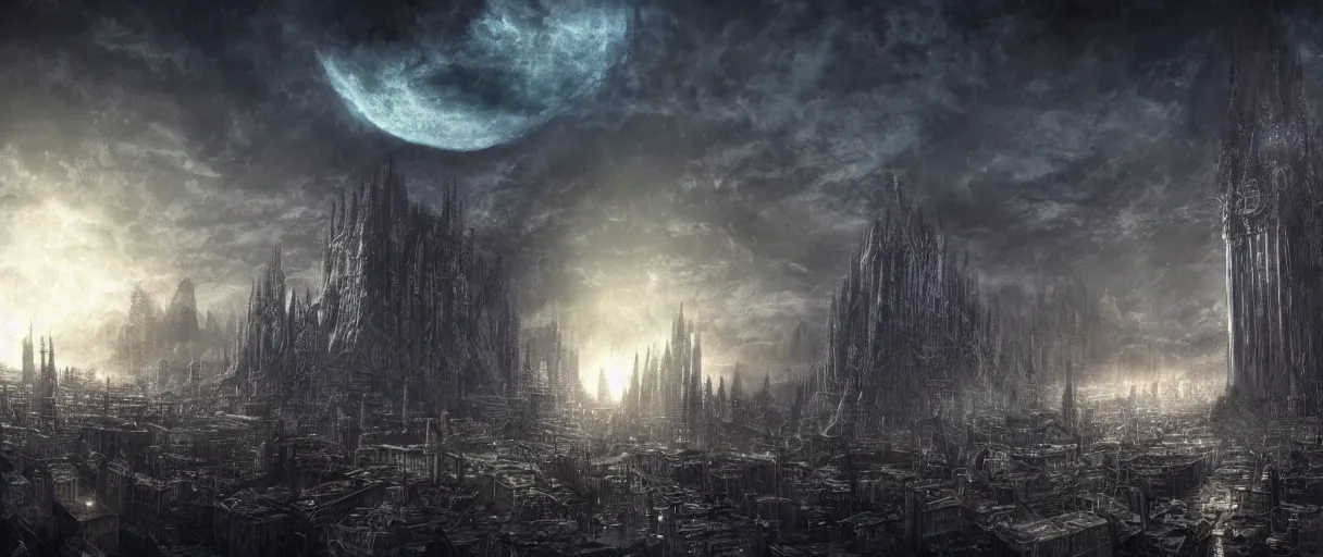 Image similar to digital concept art of large eldritch lovecraftian horror looming over city, dark souls style, volumetric lighting, large scale, night time, moon rays, high detail