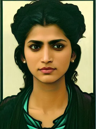 Prompt: portrait of a modern (south asian) woman wearing a dark shirt, upper body 2d game avatar, Donato Giancola, Kodak film stock, chiaroscuro lighting, stylized bold outline, default pose neutral expression, expressionist colour, face-on head shot, close-up, eye-contact, sharp focus, shape language, Alphonse Mucha/Gustav Klimt style, alpha masked transparent flat background, 4k, volumetric lighting, French Nouveau, trending on artstation, octane render, ultra detailed, hyperrealistic