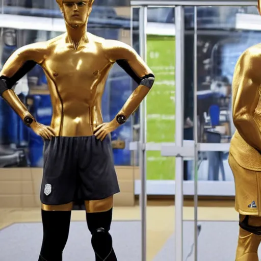 Prompt: a realistic detailed photo of a guy who is an attractive humanoid who is half robot and half humanoid, who is a male android, soccer players martin ødegaard & timo werner, shiny skin, posing like a statue, blank stare, in a factory, on display, showing off his muscles, gold soccer shorts, side view, repairing the other one