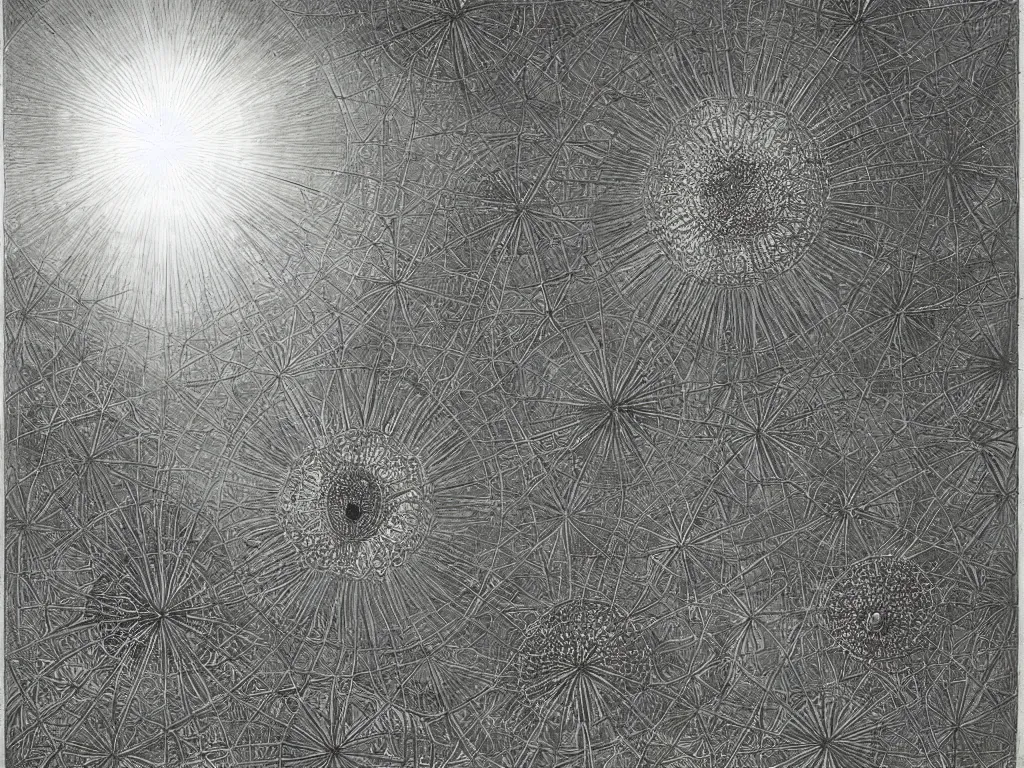 Image similar to The sun rays taking the shape of a radiolarian. Painting by Ernst Haeckel, Roger Dean, Caspar David Friedrich