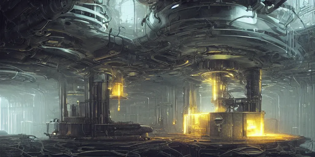 Prompt: bunker laboratory with alien mechanisms!!!!! inside, with mystical glowing fluid!!!!!!, ultra detailed, science fiction illustration, made by greg rutkowski