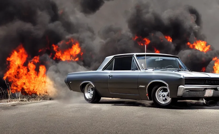 Image similar to a black 1 9 6 4 pontiac gto driving high speed, fire explosion in the background, action scen. realistic. high resolution. dramatic