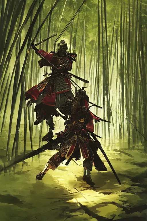 Image similar to an epic samurai in full armor in a mysterious japanese bamboo forest with light shafts, by jesper ejsing and maciej kuciara