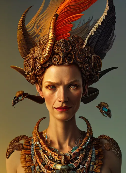 Image similar to an anton pieck portrait of a goddess, 8 k micro details beautiful intricate highly detailed quetzalcoatl skull and feathers. fire, galaxy, artwork by tooth wu and wlop and beeple and greg rutkowski, trending on artstation,