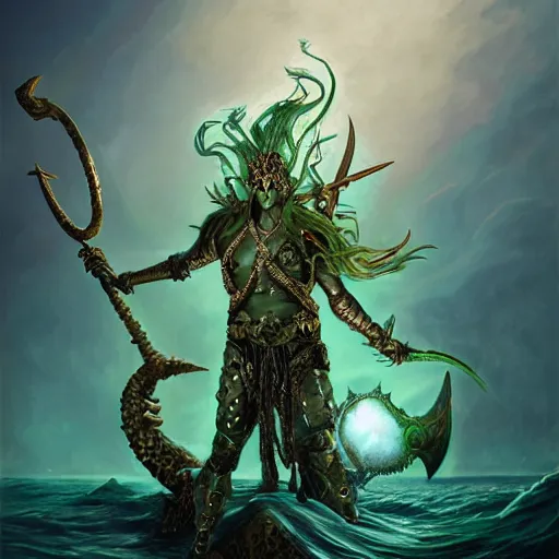 Image similar to a beautiful detailed 3d matte portrait of a male triton with green hair, wearing studded leather armor, wielding a staff with a glowing red crystal, male, dungeons and dragons character, standing beside the ocean, by ellen jewett, by tomasz alen kopera, by Justin Gerard, ominous, magical realism, texture, intricate, skull, skeleton, whirling smoke, alchemist bottles, radiant colors, fantasy, volumetric lighting, high details