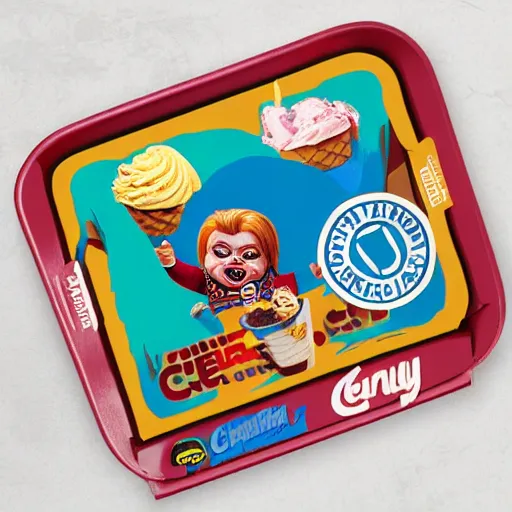 Image similar to screaming chucky doll ice cream box logo