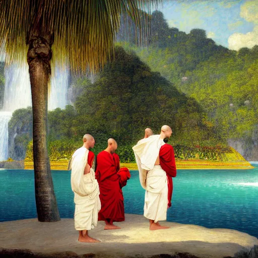 Image similar to a ultradetailed beautiful painting of monks standing in front of the diamonds waterfall in the amazonas palace balustrade designed by jules bastien - lepage, tarsila do amaral, frank weston and gustave baumann, beach, trending on artstation, mediterranean, palm trees, sharp focus, soft light, 8 k 4 k