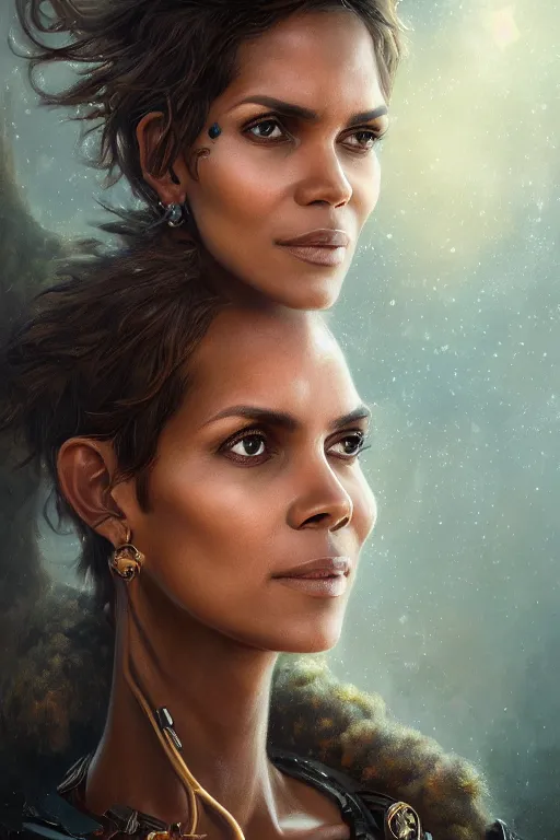 Image similar to portrait oils, beautiful female hybrid cyborg halle berry regal, realistic, refined, detailed, digital art, jessica rossier, michael cheval, esao andrews, steampunk, walt disney, francois boucher, oil painting, highly detailed, cinematic lighting, unreal, natural