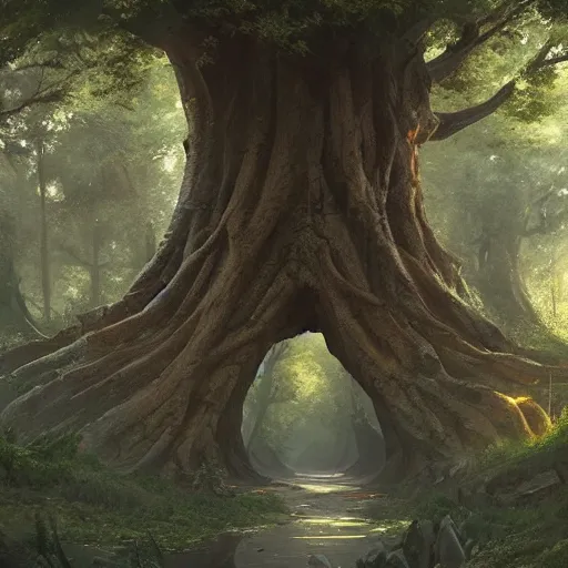 Prompt: 3 d render inspired art by greg rutkowski of a giant tree in magical forest