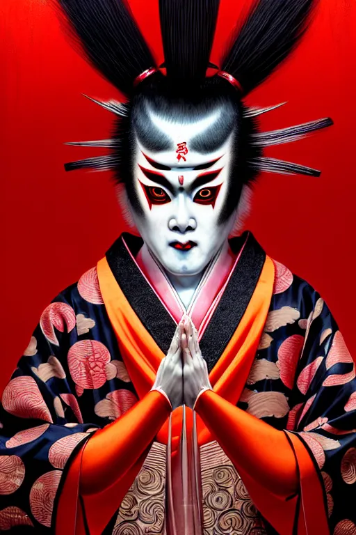 Image similar to elaborate illustration of an insane kabuki warrior showing his palm while emitting a visible aura of madness, intricate kimono and a red wig, crossed eyes, hazy atmosphere, greg rutkowski style, high quality, 8 k