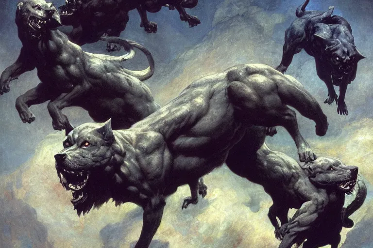 Image similar to hyperdetailed matte art of cerberus by william blake, ilya repin, amano, rene magritte, craig mullins