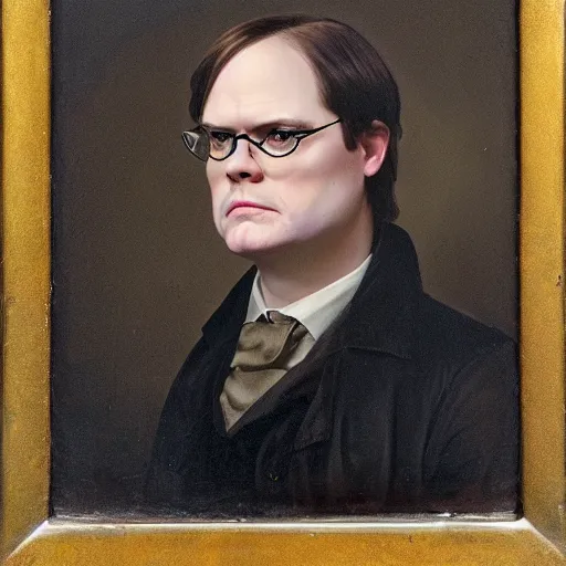 Image similar to portrait of dwight schrute at a halloween party, as painted by augustus edwin mulready and hendrik kerstens