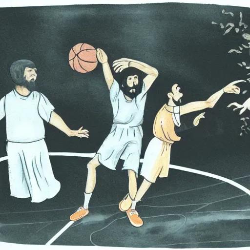 Image similar to Jesus playing basketball with Satan