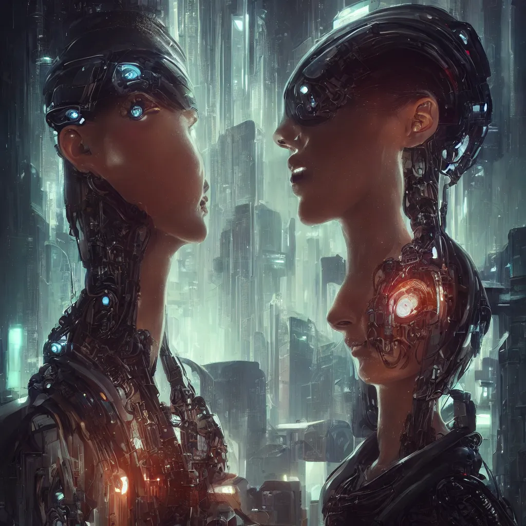 Image similar to portrait of a cyberpunk beautiful young woman by Greg Rutkowski, biomechanical,highly full size detailed portrait, futuristic,digital engine, cinematic, luminous,8k,Blade Runner background, vapor