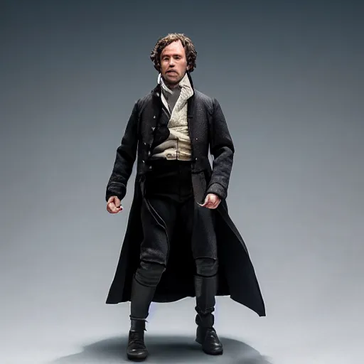 Image similar to plastic action figure from the broadway musical les miserables, wide shot, studio lighting, high resolution product photography