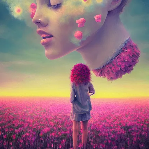 Image similar to girl with an blooming flower for a face, surreal photography, dream, standing in flower field, magical, in a valley, sunrise dramatic light, impressionist painting, colorful clouds, artstation, simon stalenhag, exploding flower face