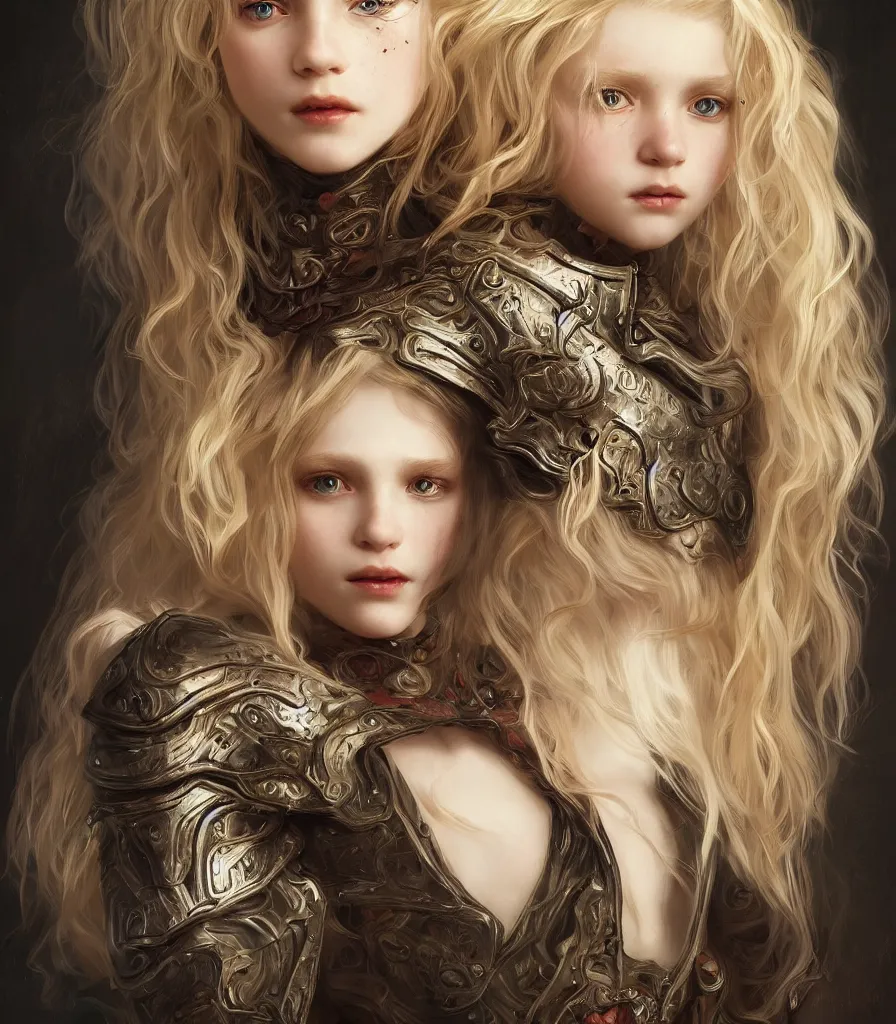 Prompt: portrait of a blonde vampire girl, child, freckles, fierce, messy curly hair, dark leather armor, sword, intricate and very beautiful and elegant, highly detailed, digital painting, artstation, concept art, smooth and sharp focus, cg by tian zi and wlop and alphonse mucha