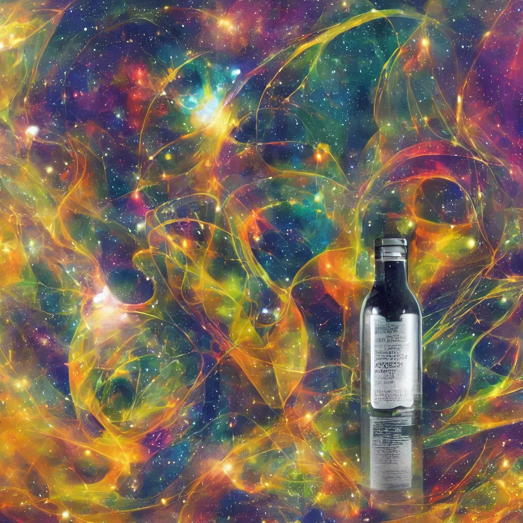 Image similar to the universe contained within a bottle, in a style of mid journey