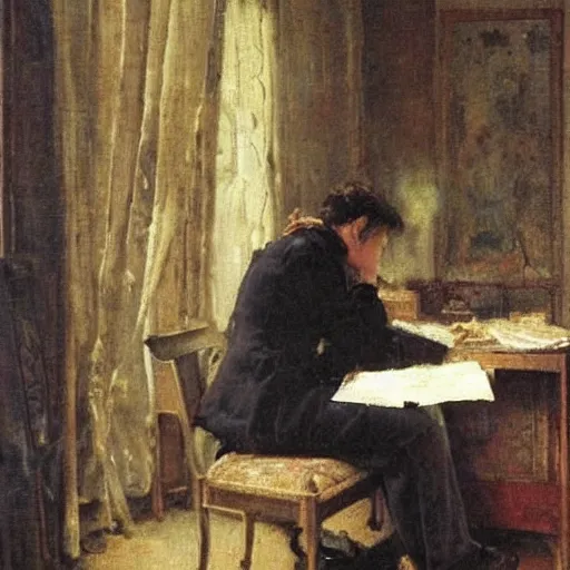 Prompt: solving a riddle by alfred stevens