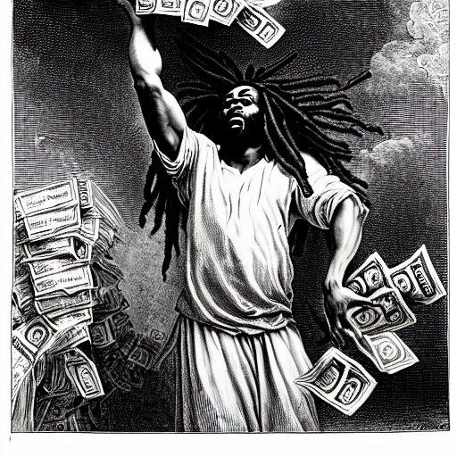 Prompt: black man with dreads ascending into heaven holding stacks of cash, biblical image, style of gustave dore, highly detailed, beautiful, high contrast, black and white