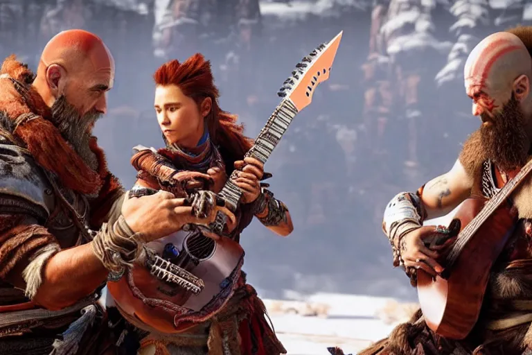 Image similar to aloy from the horizon zero dawn videogame playing the guitar with kratos from the god of war videogame