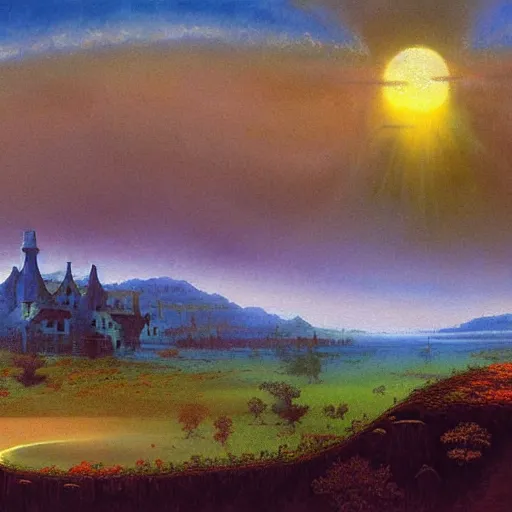 Image similar to a beautiful painting renaissance painting by bob ross and lawlery botticello, panorama, psychedelic painting dark dusty village apparition, by bruce pennington and vincent jusko, watercolor, 2 d game art