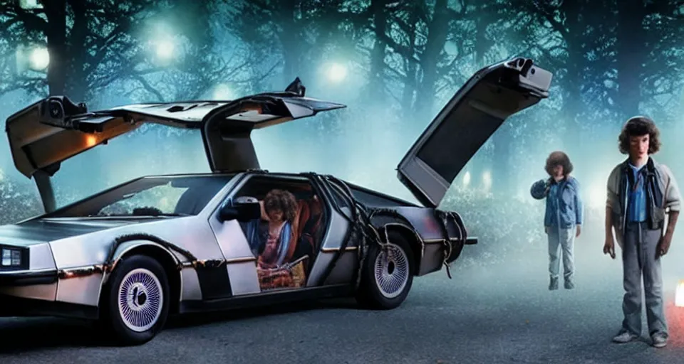 Prompt: the delorean in the upside - down from stranger things