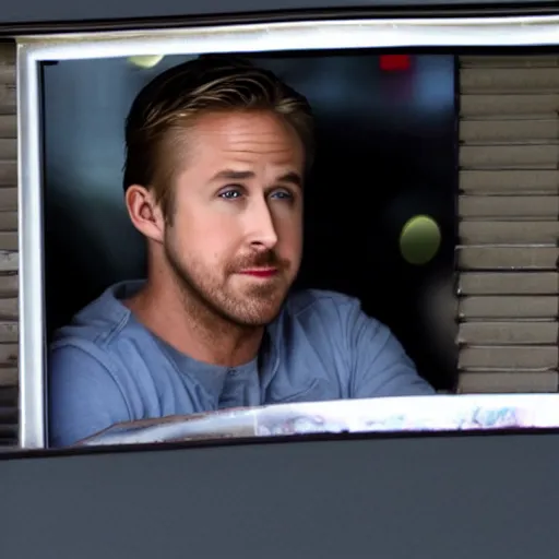 Image similar to ryan gosling at a drive thru window