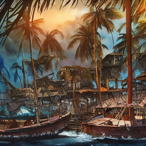 Image similar to tropical pirate shanty town, watercolor, dramatic lighting, cinematic, establishing shot, extremely high detail, foto realistic, cinematic lighting, pen and ink, intricate line drawings, post processed, concept art, artstation, matte painting, style by Steven Spielberg, Peter Jackson, art germ -800