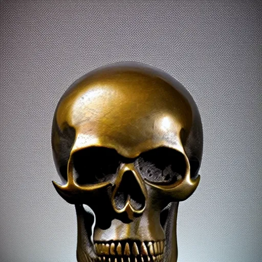 Prompt: skull with a samurai helmet old bronze statue, intricate detail, full shot, museum lighting