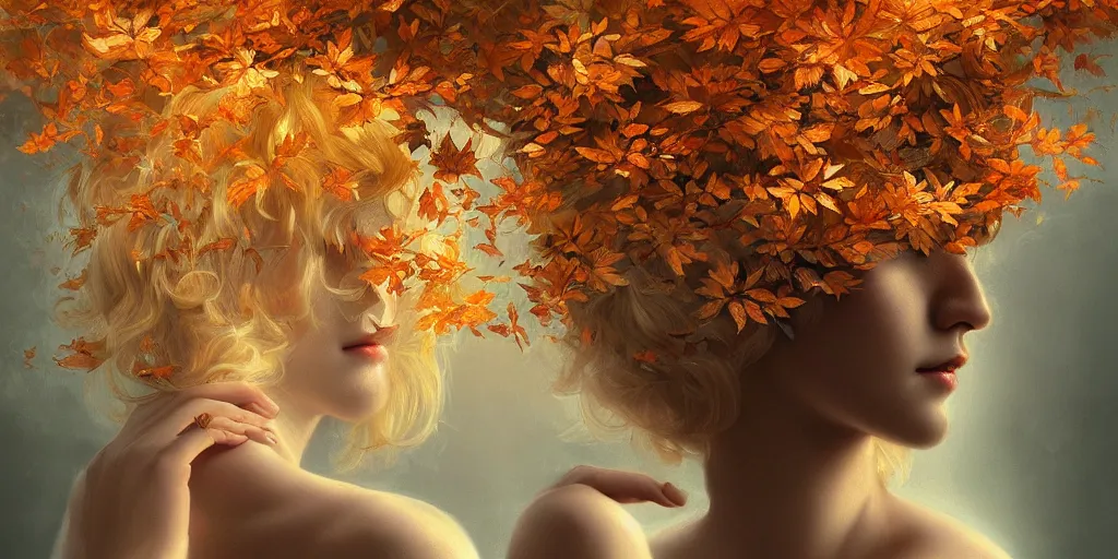 Image similar to breathtaking detailed concept art painting art deco pattern of curly short hair blonde goddesses faces amalgamation autumn leaves, by hsiao - ron cheng and volegov, bizarre compositions, exquisite detail, extremely moody lighting, 8 k