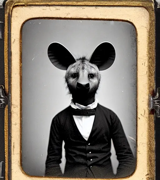 Image similar to professional studio photo portrait of anthro anthropomorphic spotted hyena head animal person fursona wearing casual tshirt clothes by Louis Daguerre daguerreotype tintype