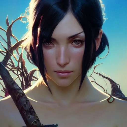 Image similar to highly detailed vfx portrait of nico robin, greg rutkowski, loish, rhads, makoto shinkai, tom bagshaw, alphonse mucha, sharp focus, art by artgerm and greg rutkowski, backlit, harsh overhead sunlight, blue eyes,