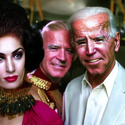 Prompt: UHD candid photo of Saddam Hussein and Joe Biden with a Vegas showgirl, accurate faces, UHD, photorealistic, correct face, photo by Annie Leibowitz