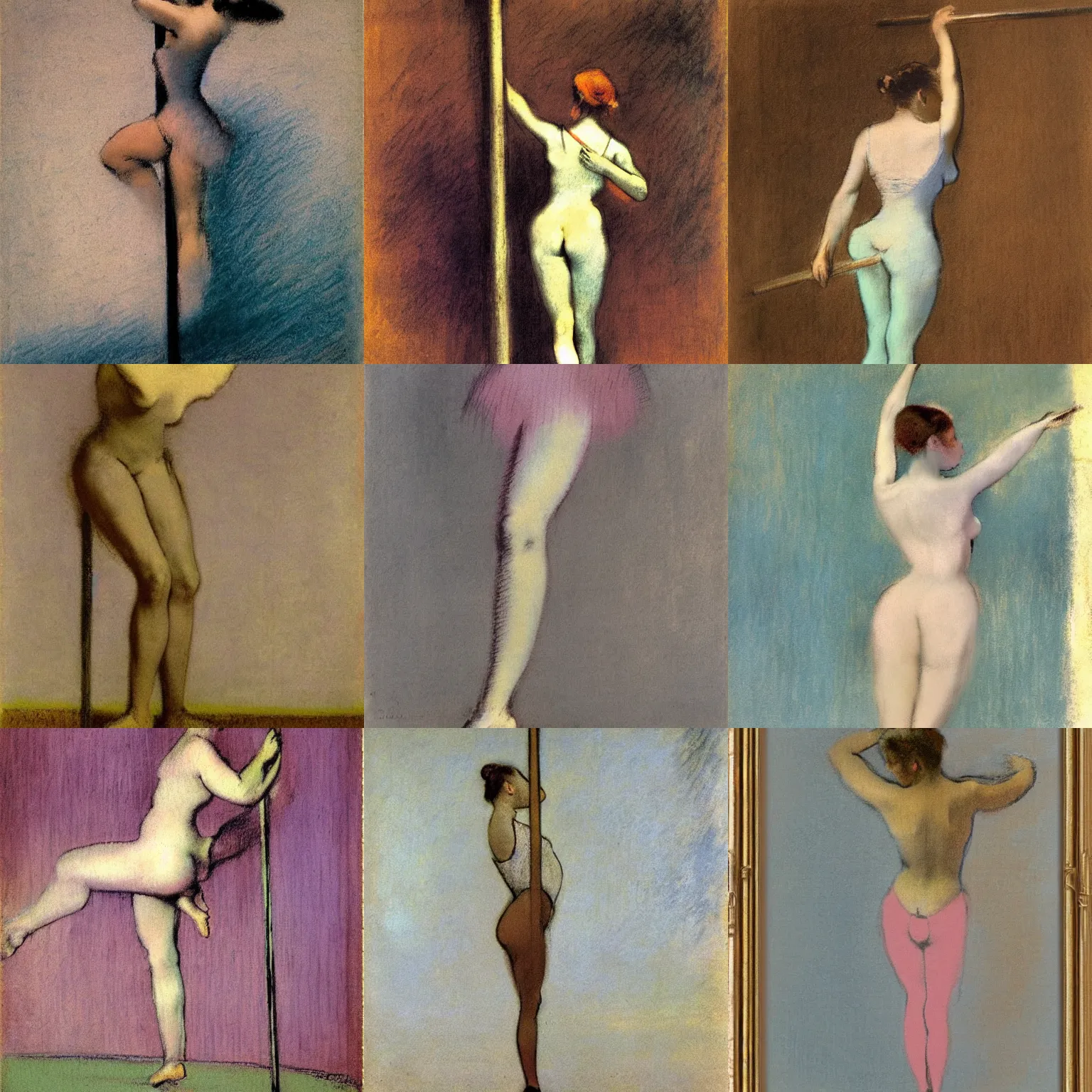 Prompt: pole dancing woman by edgar degas, muted pastel tones, soft,