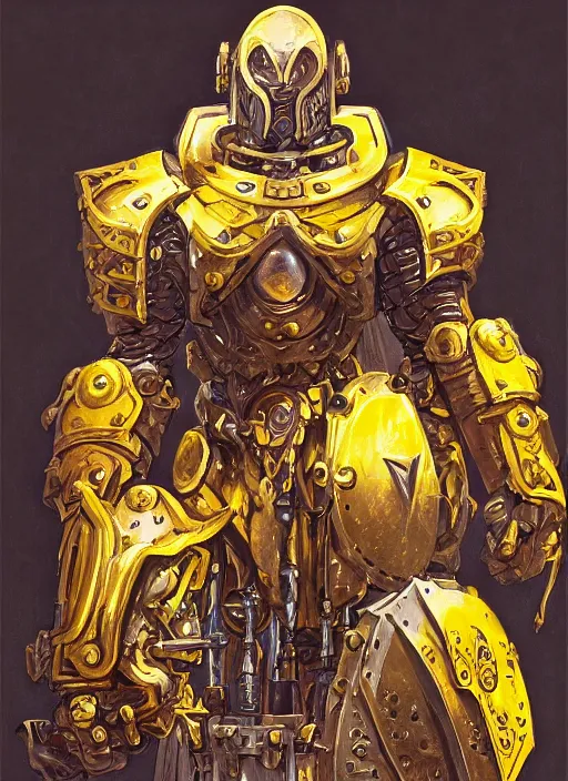 Image similar to dynamic portrait of a intricate glorious holy mechanical warforged character in yellow armor holding a paladin engraved great longsword and carrying a big paladin shield, spotlight from face , epic , trending on ArtStation, masterpiece, cinematic lighting, by Jesper Ejsing and by Philippe Druillet and by Yoann Lossel and by John Salminen