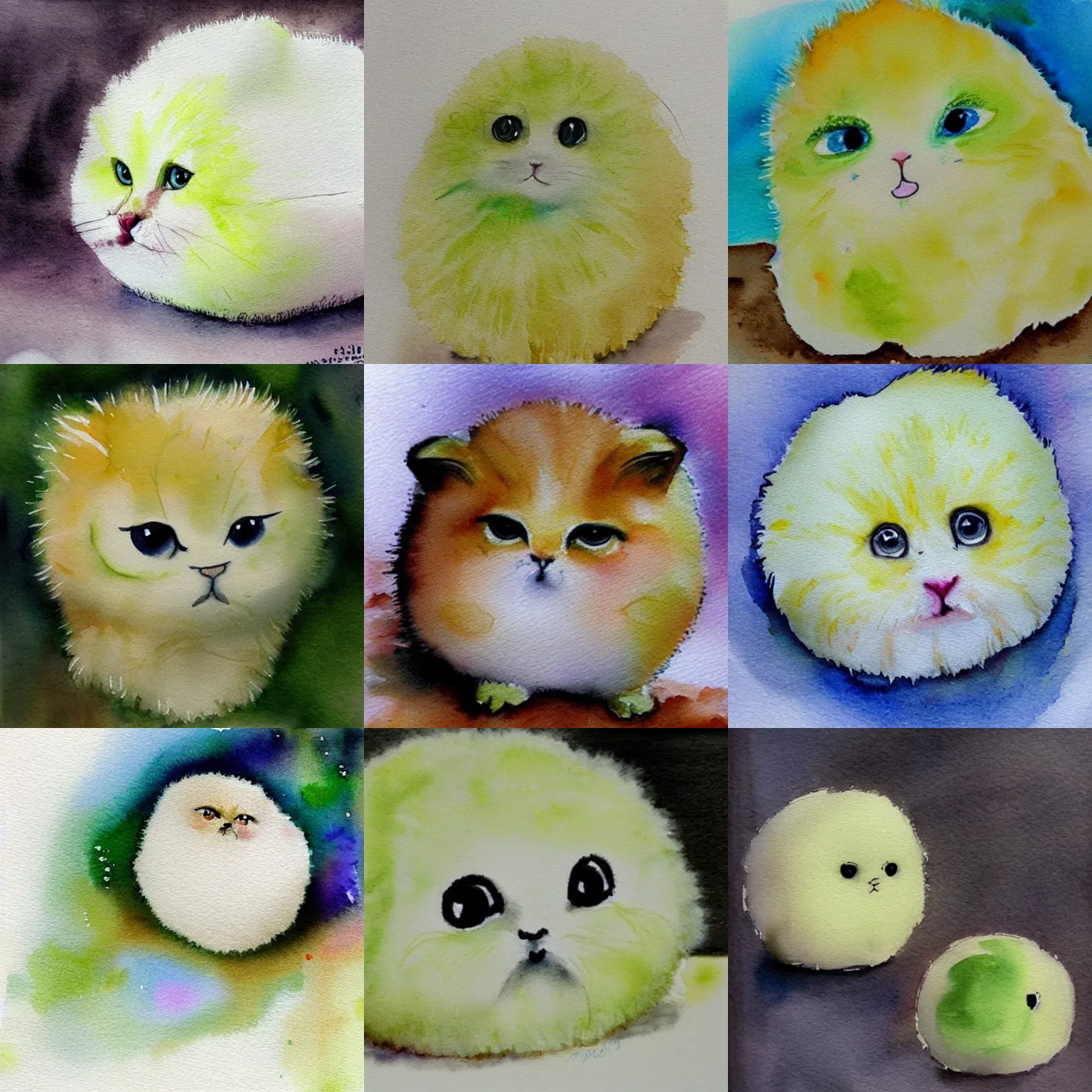 Prompt: lightly lime colored cute puff ball with adorable face, beautiful watercolor painting