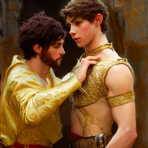 Image similar to attractive fully clothed king confesses his love for his attractive fully clothed male prince. highly detailed painting by gaston bussiere, craig mullins, j. c. leyendecker 8 k