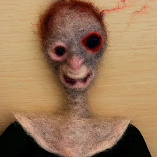 Prompt: photo of a needle - felted burn victim