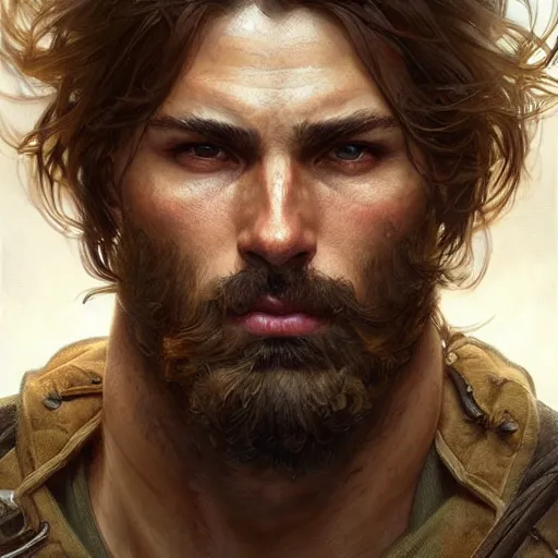 Prompt: portrait of rugged male ranger muscular fantasy intricate elegant headshot portrait detailed face coherent face highly detailed digital painting artstation concept art smooth sharp focus illustration art by artgerm and greg rutkowski and alphonse mucha