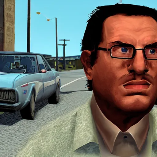 Prompt: Gameplay screenshot of Bernie Sanders in GTA San Andreas, GTA