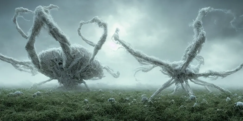 Prompt: ominous massive colossal white feathery sci - fi fractal spider crab monster covered in white fuzzy fungus with spider - like legs, green rural country landscape, thick heavy fog, dusk, golden hour, blue hour, dreamy cloud filled sky, by gerald brom, greg rutkowski, photo realism, unreal engine, c 4 d, atmospheric, crepuscular, noctilucent